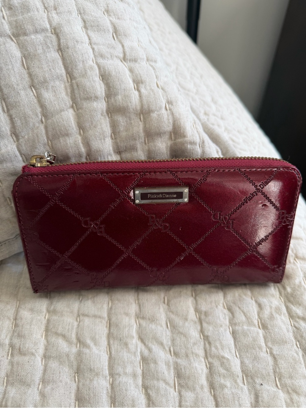 Pinky&Diane Quilted Patent Leather Zip Wallet in Deep Burgundy